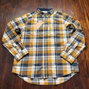 Fjallraven Fjallglim Shirt Mens Large Brown Navy Plaid Flannel Button Down NWT